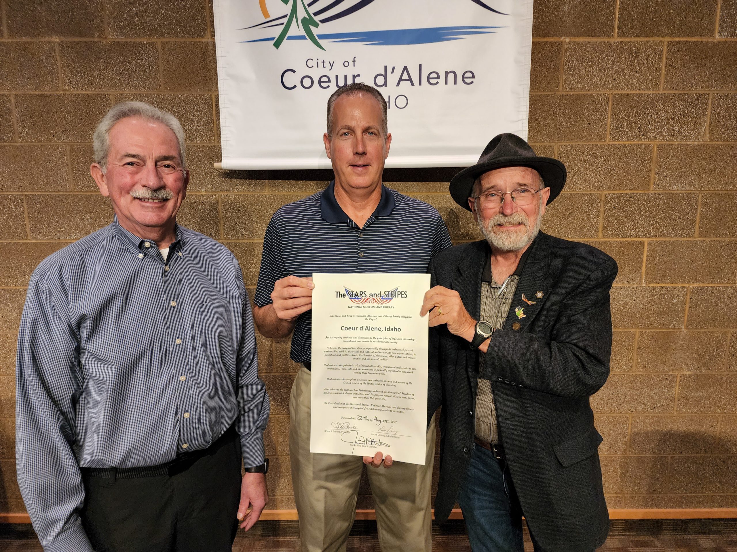 On Monday, August 22, 2022, Jim Martin presented the Stars and Stripes City Proclamation to Coeur d'Alene, Idaho which was accepted by Mayor Jim Hammond and City Administrator Troy Tymeson.