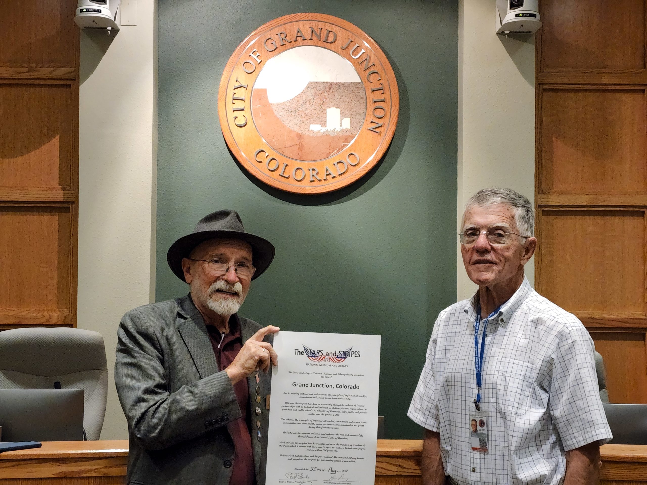 On Tuesday, August 30, 2022, Jim Martin presented the Stars and Stripes City Proclamation to Grand Junction, Colorado.