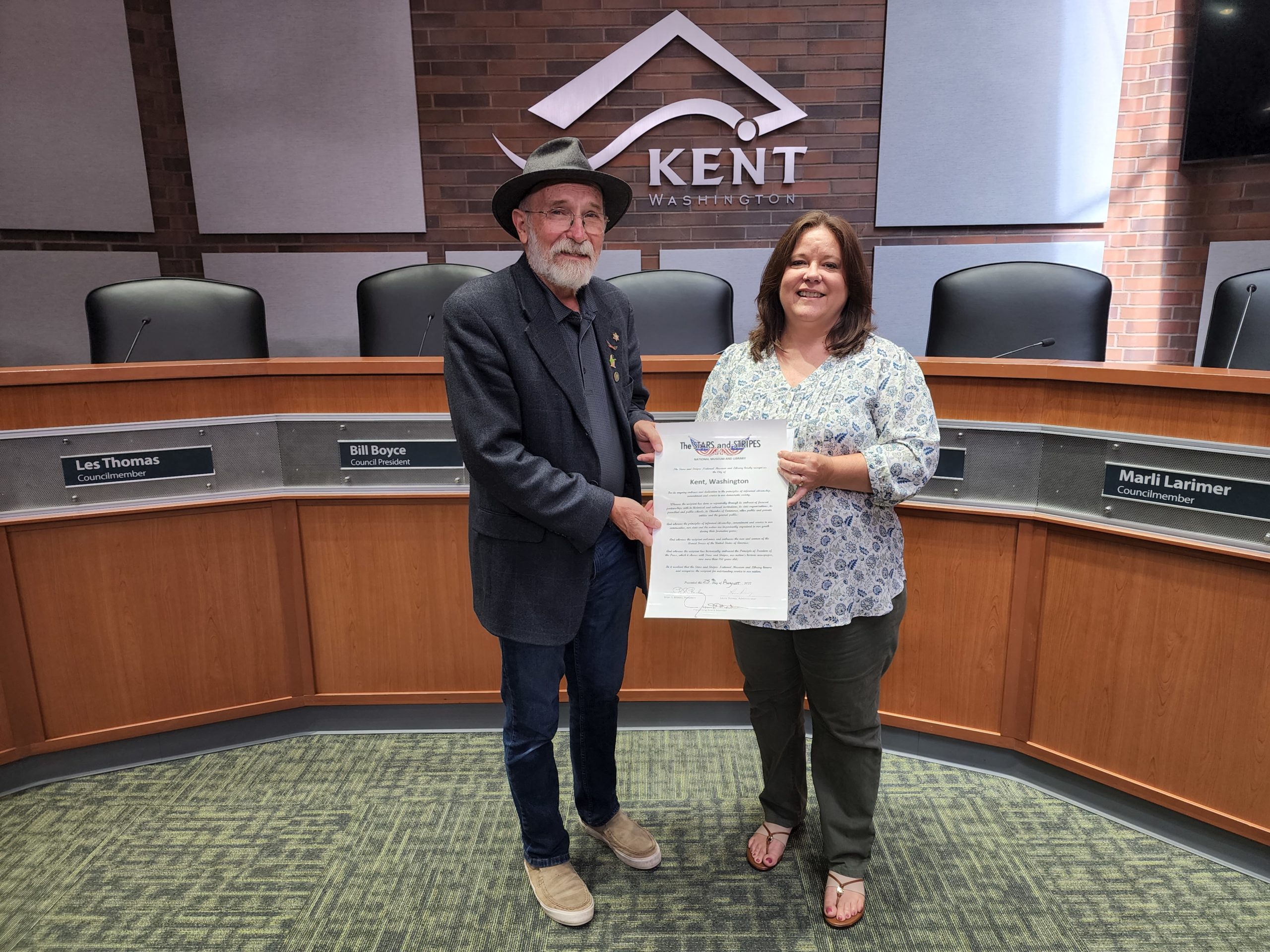 On Thursday, August 25, 2022, Jim Martin presented the Stars and Stripes City Proclamation to Kent, Washington