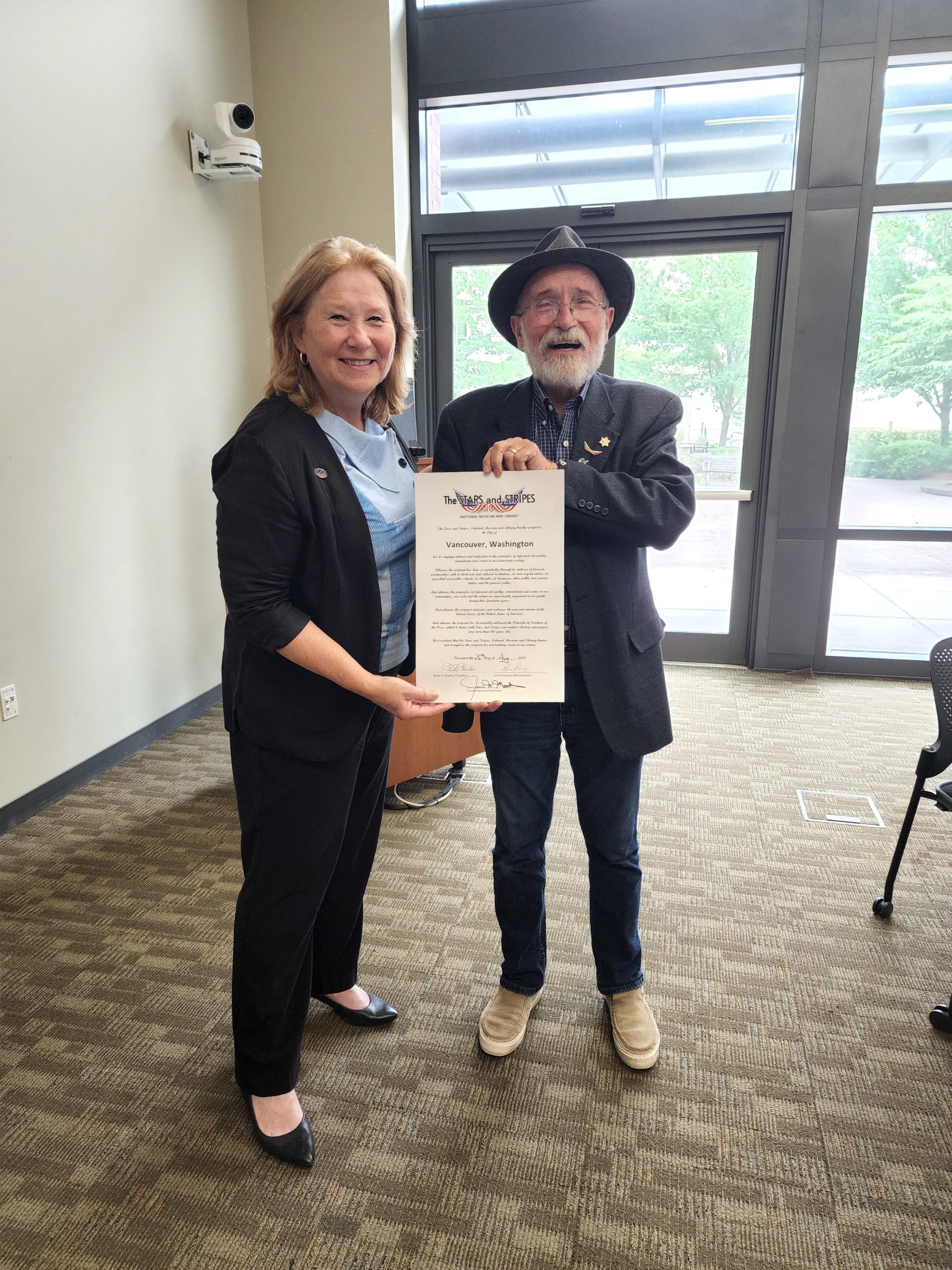On Friday, August 26, 2022, Jim Martin presented the Stars and Stripes City Proclamation to Vancouver, Washington.