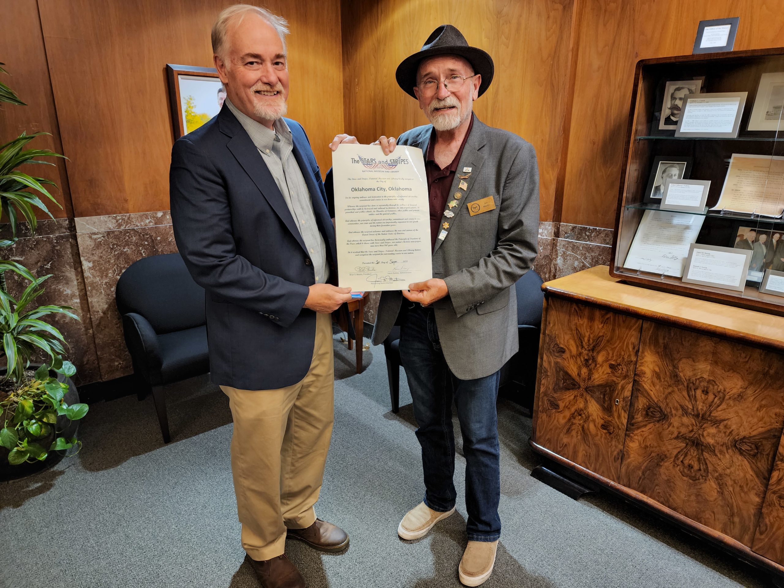 On Thursday, September 1, 2022, Jim Martin presented the Stars and Stripes City Proclamation to Oklahoma City which was accepted by chief of staff Steve Hill.