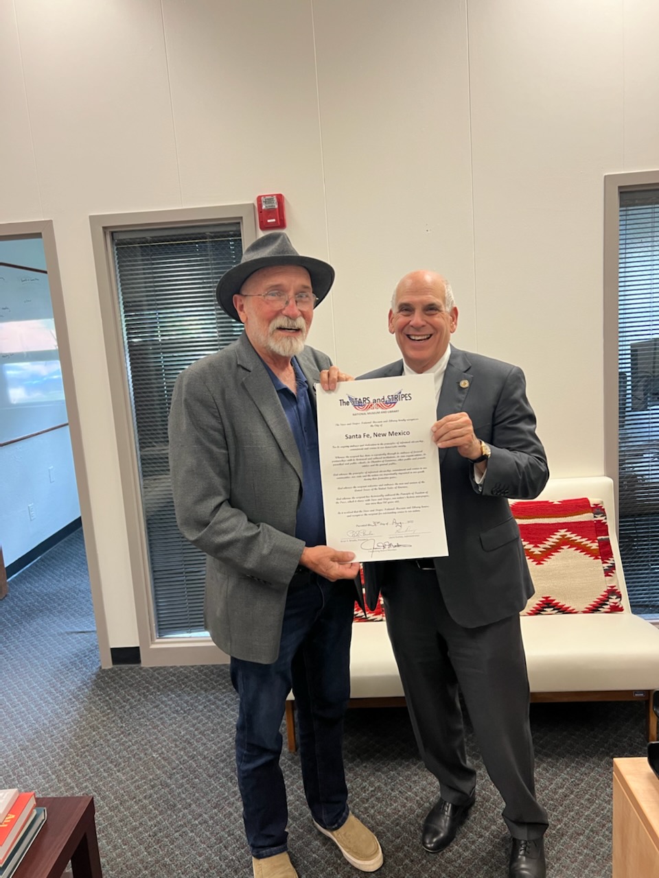 On Wednesday, August 31, 2022, Jim Martin presented the Stars and Stripes City Proclamation to Santa Fe, New Mexico which was accepted by Mayor Alan Webber.