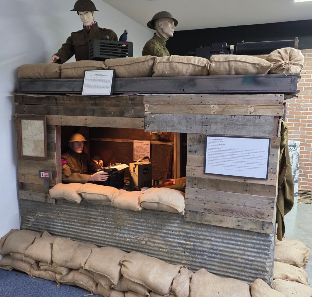 Meuse-Argonne display, World War One. Two soldiers in a trench with machine gun nest on top