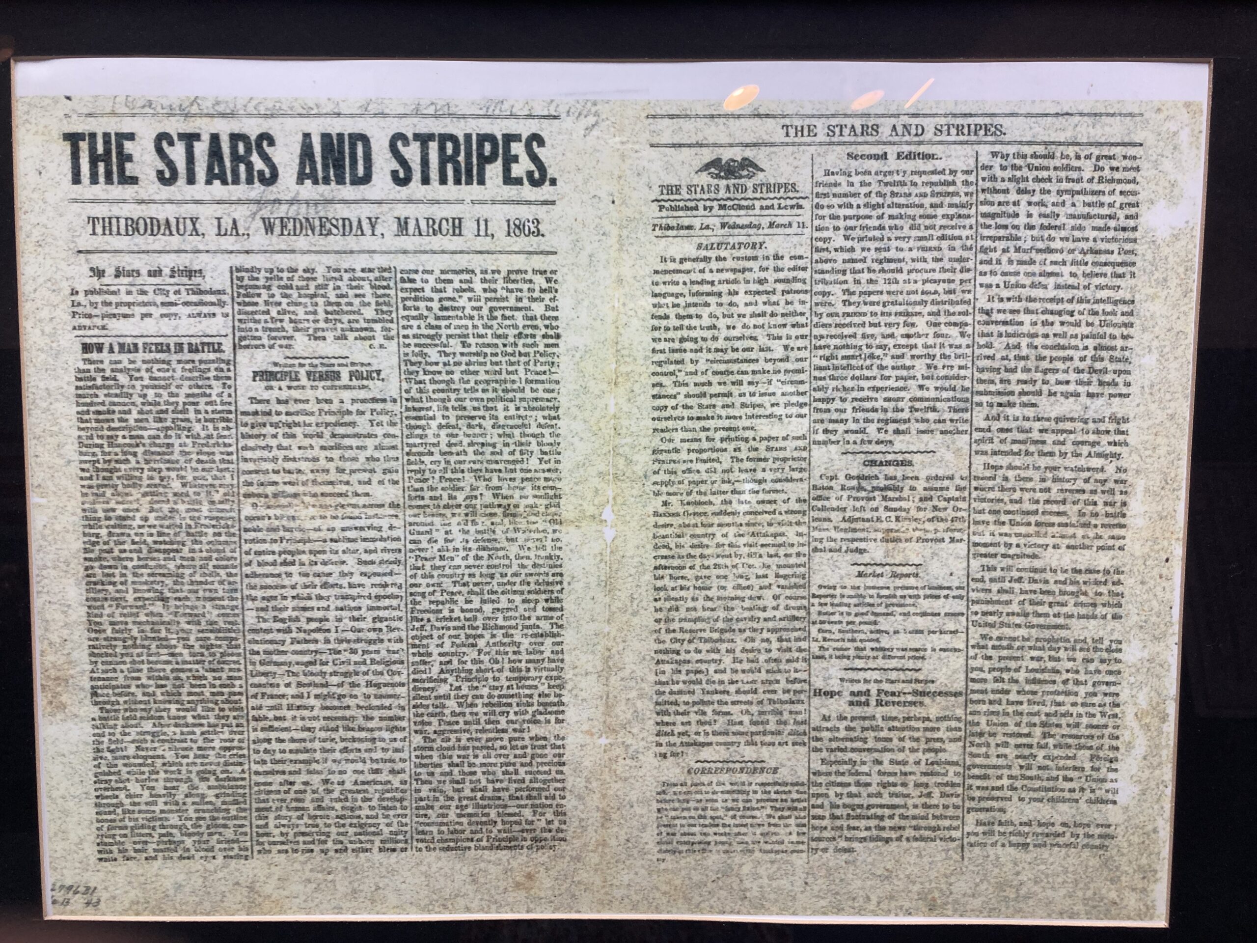 Thibodaux paper printed during the civil war March 11th 1863, displayed in our Civil War room here at the museum