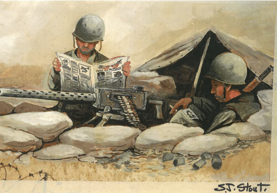 Cartoon of two soldiers reading a newspaper in a pup tent