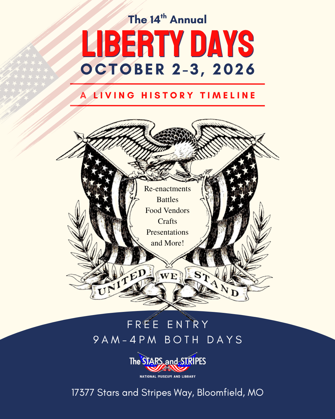Flyer for the 14th Annual Liberty Days event at the Stars and Stripes National Museum and Library on October 2-3, 2026, featuring a living history timeline.
