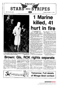 Based on the image currently open in your WordPress editor, which shows a front-page layout of the Pacific Stars and Stripes newspaper, here is the recommended Alt Text: Alt Text: Front page of the Pacific Stars and Stripes newspaper featuring the headline "1 Marine killed, 41 hurt in fire" with a report by Ron Hatcher.