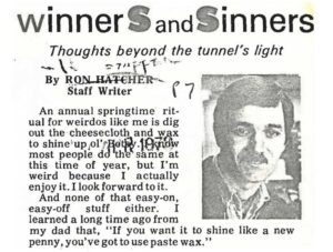 Newspaper column titled "Winners and Sinners" with the headline "Thoughts beyond the tunnel's light," featuring a portrait of staff writer Ron Hatcher.