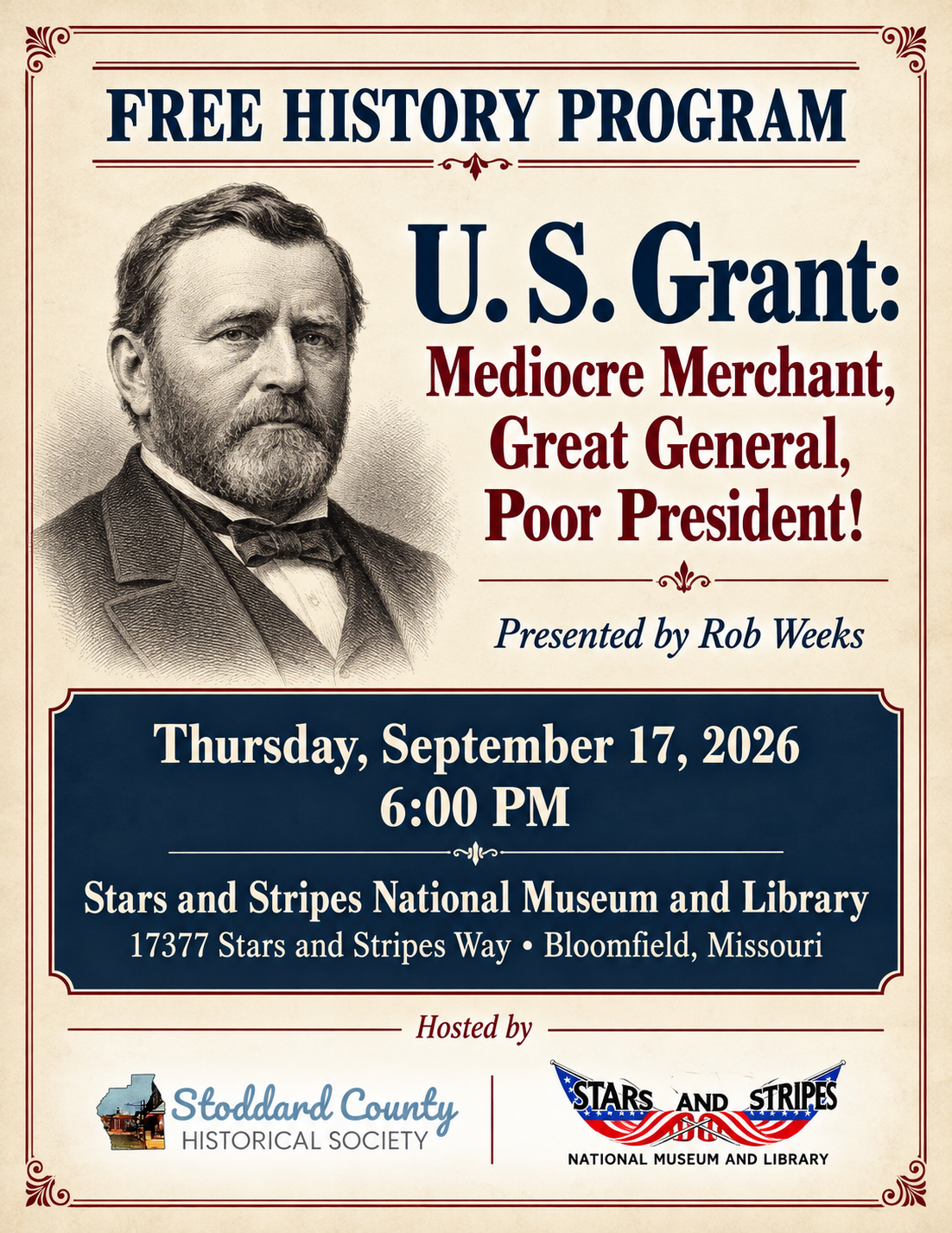 Flyer featuring an illustration of U. S. Grant