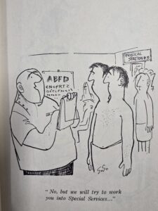A Shel Silverstein Take Ten cartoon showing a military officer talking to a two-headed soldier with the caption "No, but I will try to work you into special services."