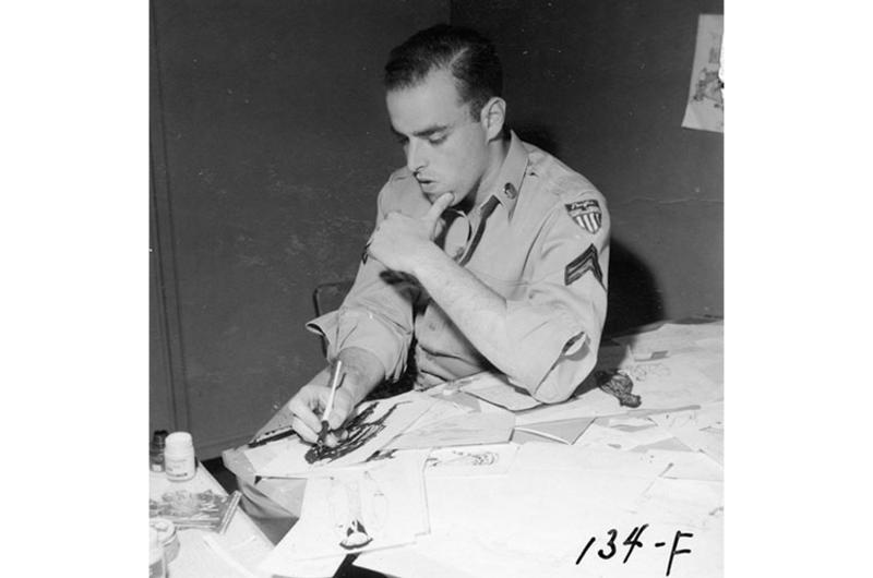 Shel Silverstein working at his desk at Pacific Stars and Stripes in Tokyo, 1954–1956