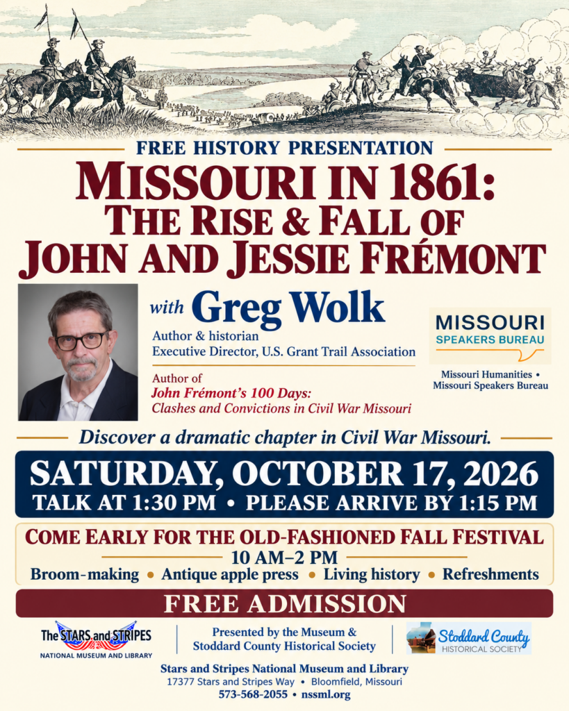 Flyer for the Fall Festival in Bloomfield and Gregory Wolk’s Missouri in 1861 history talk on October 17, 2026