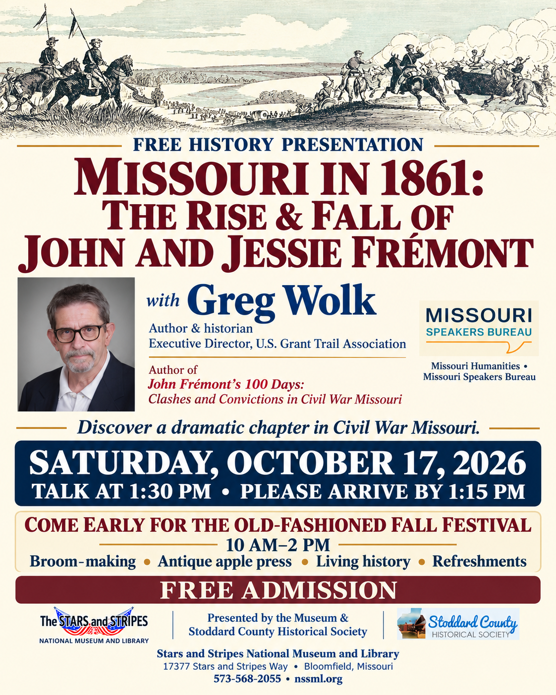Flyer for the Fall Festival in Bloomfield and Gregory Wolk’s Missouri in 1861 history talk on October 17, 2026