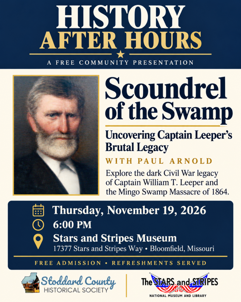 Event flyer for History After Hours featuring Paul Arnold presenting "The Scoundrel of the Swamp" on November 19 at the Stars and Stripes National Museum and Library.