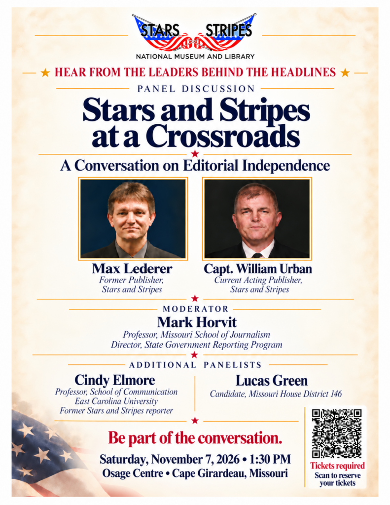 Stars and Stripes at a Crossroads panel flyer featuring Max Lederer and Capt. William Urban; November 7 at the Osage Centre.