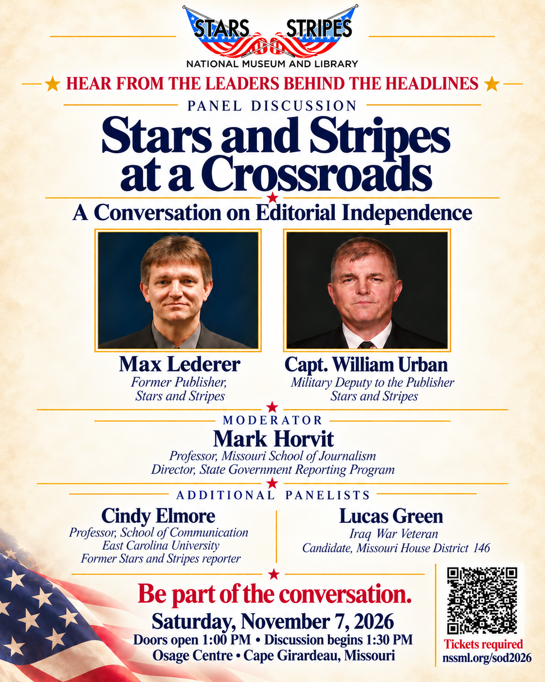 Stars and Stripes at a Crossroads panel flyer featuring Max Lederer and Capt. William Urban; November 7 at the Osage Centre.